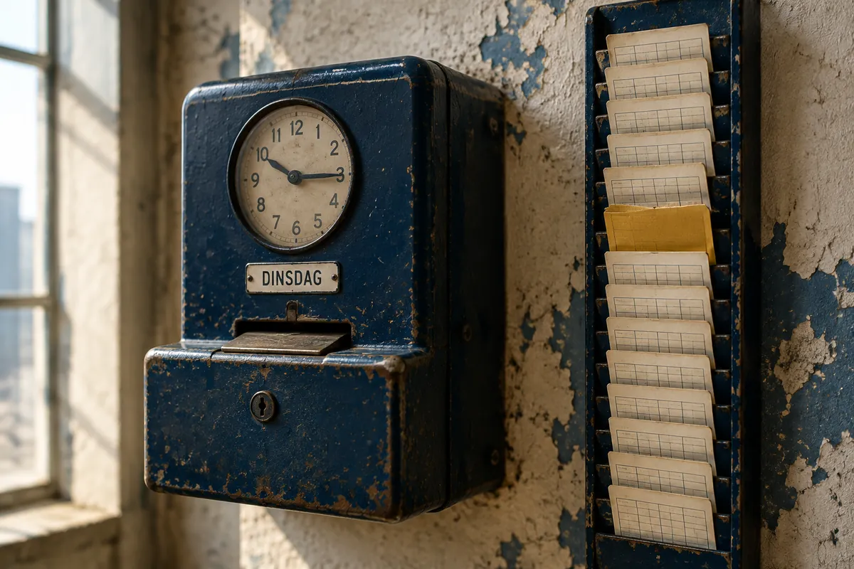 Oude prikklok aan een afgebladderde muur met een rij gelijke prikkaarten en één gouden kaart; op het klokje staat DINSDAG