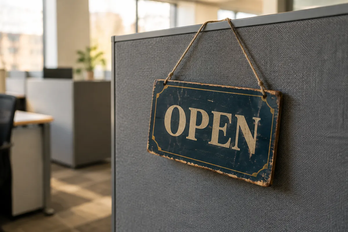 Versleten bordje OPEN dat aan een grijze kantoorwand in een open kantoortuin hangt