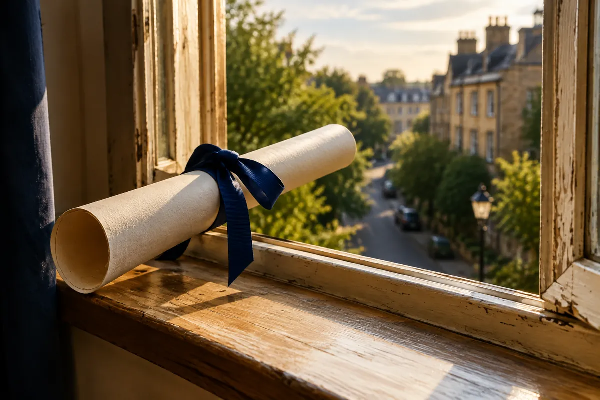 Opgerold diploma met blauw lint op een vensterbank, als een verrekijker naar de straat gericht