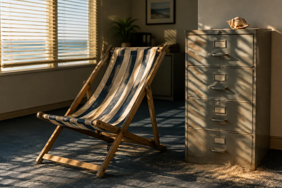Gestreepte strandstoel in een stil kantoor naast een grijze archiefkast met een schelp erop