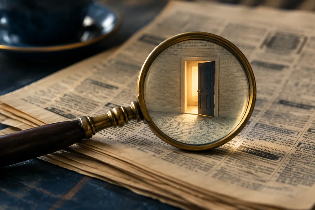 Vergrootglas op vergeelde vacaturepagina's; door de lens zie je een open deur met warm licht
