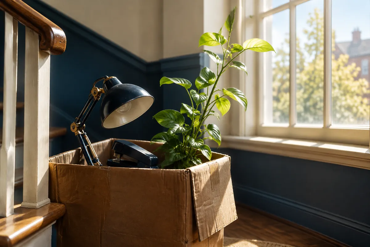 Kartonnen doos met een bureaulamp en een groeiende plant op een zonnige trapoverloop