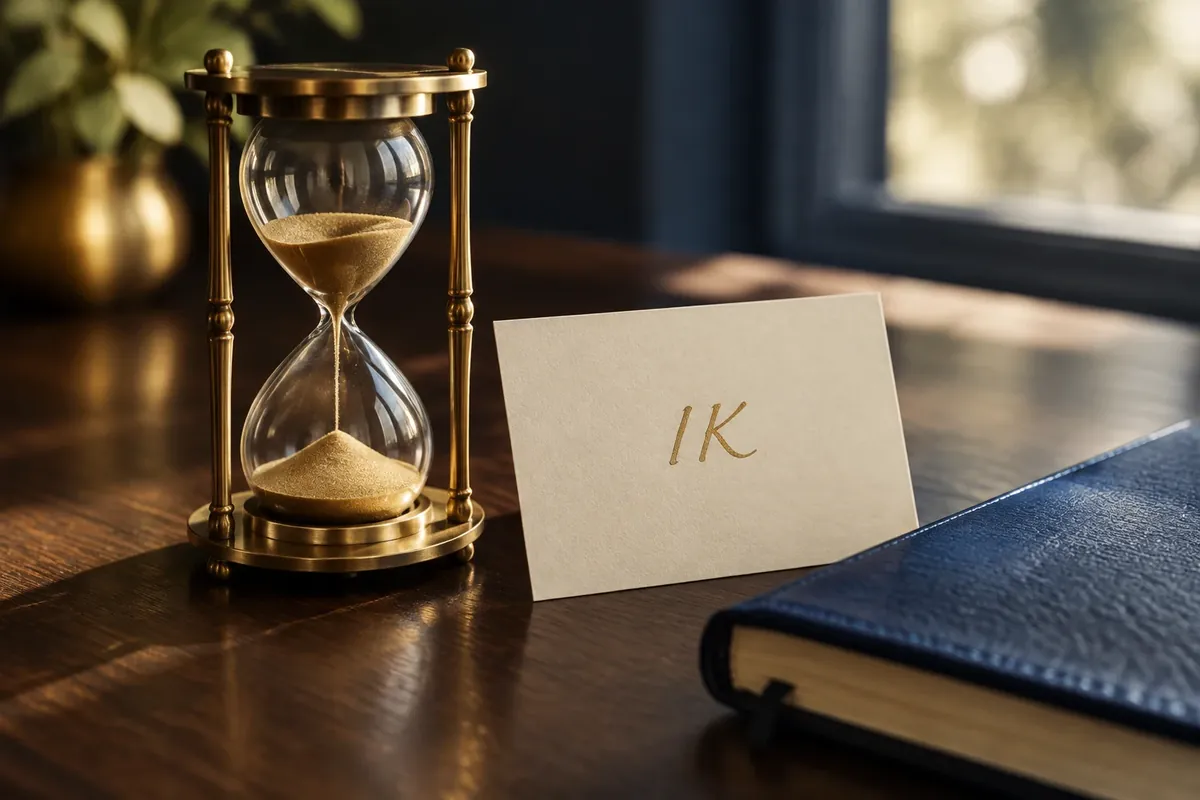 Koperen zandloper naast een crèmekleurig kaartje met het woord IK in gouden letters en een donkerblauw notitieboek op een houten bureau